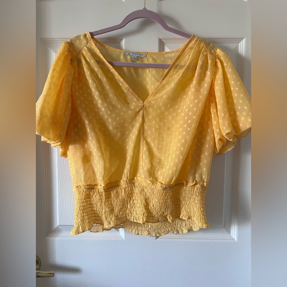 Haute Monde Yellow Dotted V-Neck Smocked Hem Puff Sleeve Blouse Large